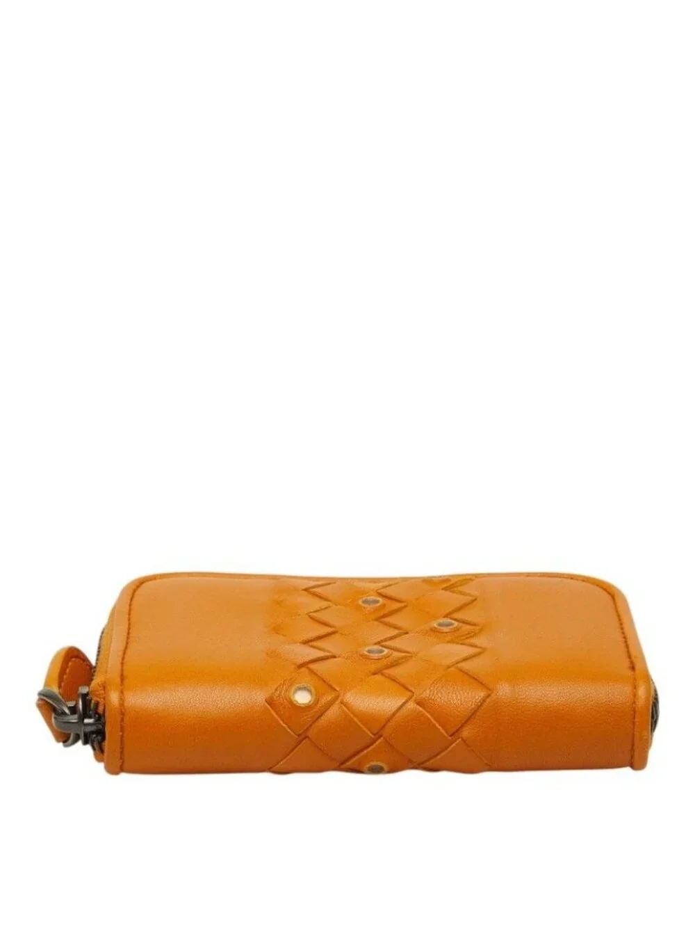 Bottega Veneta Intrecciato Zip Around Coin Purse Orange Brown Leather